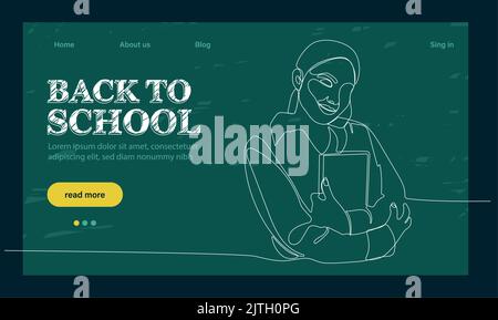 landing page template with globe, glasses and stack of textbooks.Back to school landing page template. Outline web banner on white backdrop. Vector outline illustration. Concept website page. Stock Vector
