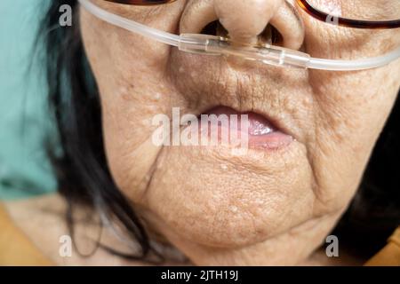 Closeup face of hospitalized Asian female senior patient with respiratory disorders using oxygen nasal cannula in hospital Stock Photo