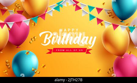 Birthday text vector design. Happy birthday with balloons, confetti and pennants elements for kids party colorful decoration invitation card. Vector Stock Vector