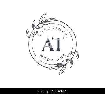 AT Initials letter Wedding monogram logos template, hand drawn modern minimalistic and floral templates for Invitation cards, Save the Date, elegant Stock Vector