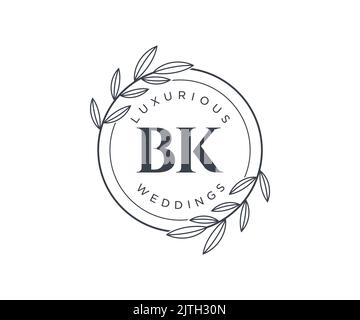 BK Initials letter Wedding monogram logos template, hand drawn modern minimalistic and floral templates for Invitation cards, Save the Date, elegant Stock Vector