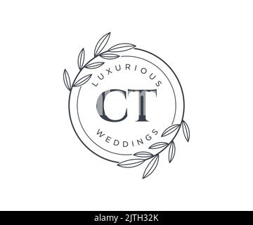 CT Initials letter Wedding monogram logos template, hand drawn modern minimalistic and floral templates for Invitation cards, Save the Date, elegant Stock Vector