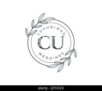 CU Initials letter Wedding monogram logos template, hand drawn modern minimalistic and floral templates for Invitation cards, Save the Date, elegant Stock Vector