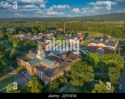 Aerial view of Bucknell University colonial red brick buildings in ...