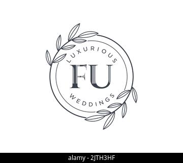 FU Initials letter Wedding monogram logos template, hand drawn modern minimalistic and floral templates for Invitation cards, Save the Date, elegant Stock Vector