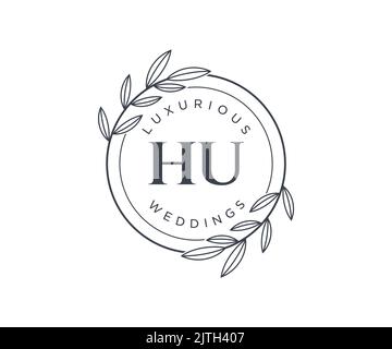 HU Initials letter Wedding monogram logos template, hand drawn modern minimalistic and floral templates for Invitation cards, Save the Date, elegant Stock Vector