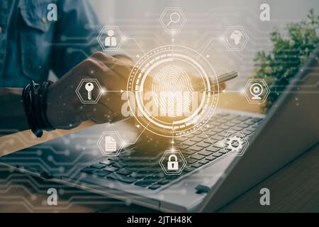 Casual Businessman Touching Mobile Phone or Smart Phone Screen and Fingerprint and Hexagon Social Network Sign. Technology Communication and Security Stock Photo