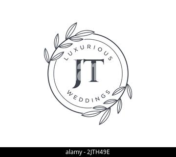 JT Initials letter Wedding monogram logos template, hand drawn modern minimalistic and floral templates for Invitation cards, Save the Date, elegant Stock Vector