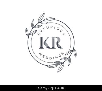 KR Initials letter Wedding monogram logos template, hand drawn modern minimalistic and floral templates for Invitation cards, Save the Date, elegant Stock Vector
