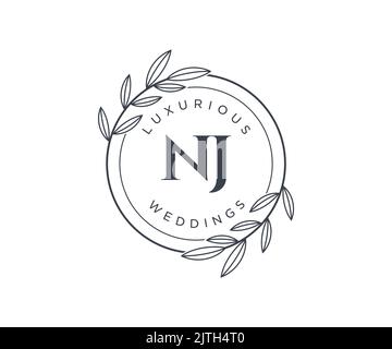 NJ Initials letter Wedding monogram logos template, hand drawn modern minimalistic and floral templates for Invitation cards, Save the Date, elegant Stock Vector