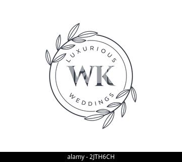 WK Initials letter Wedding monogram logos template, hand drawn modern minimalistic and floral templates for Invitation cards, Save the Date, elegant Stock Vector