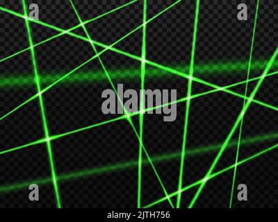 Crossed green laser beam lights, kryptonite neon lines of glow flares, vector black transparent background. Green laser beams and lime light rays for disco or shine burst effects, laser blast flashes Stock Vector