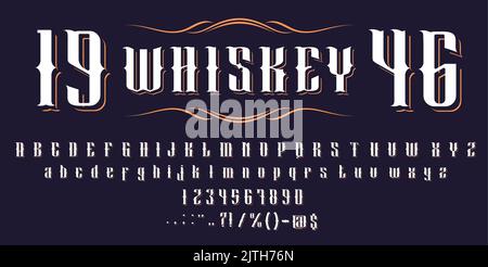 Vintage western font, alcohol, barbershop typeface. Retro type alphabet, vector whiskey label typography, western old style font letters for beer, whisky bottle or irish scotch and bourbon typeface Stock Vector