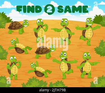 Find two same cartoon turtles. Cheerful tortoise animal characters. Kids riddle vector worksheet, child educational puzzle with comparing exercise, children quiz with turtle baby funny personages Stock Vector