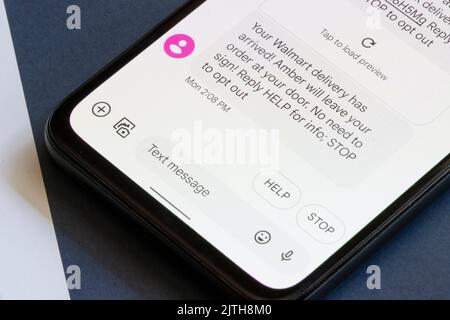 Automated text message from Walmart regarding online order delivery information is seen on the screen of a Google Pixel smartphone. Stock Photo