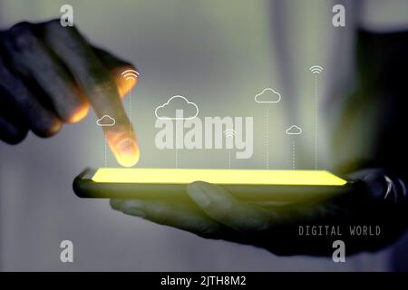 Hologram projector screen with cloud system technology Stock Photo