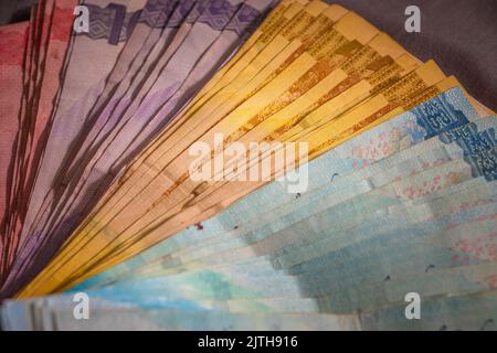 Philippine peso bills, 50, 100, 500 and 1000 pesos, money cash fiat papers. Economy and financial concept, currency denominations Stock Photo