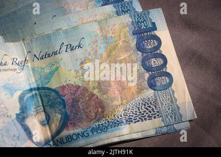Philippine peso bills, 50, 100, 500 and 1000 pesos, money cash fiat papers. Economy and financial concept, currency denominations Stock Photo