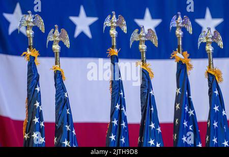 Wilkes Barre, United States. 30th Aug, 2022. Flags are lined up during the rally. President Joe Biden made a visit to Wilkes-Barre, Pennsylvania to discuss his plan to reform gun control, during his speech he touted beating the NRA. Biden is visiting cities for his Safer America plan. Credit: SOPA Images Limited/Alamy Live News Stock Photo