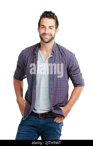 The world is full of guys, be a man. Studio shot of a young man posing against a white background. Stock Photo