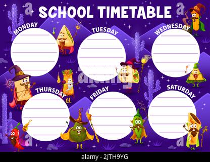 Education timetable, cartoon tex mex mexican food wizard characters. Vector school kids timetable schedule with tacos, enchiladas, tamales and burrito, churros, jalapeno, nachos and avocado Stock Vector