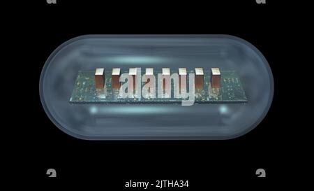 Bioelectronics . Microchip in pill capsule. Electronic components inside tiny capsule .  3d rendering illustration Stock Photo