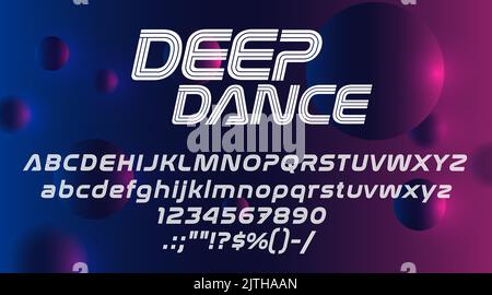 Music font alphabet, club party typeface and typography, vector DJ type. Electronic music retro or modern font letters and numbers, urban pop, trance or disco dance and techno rave bold line font Stock Vector