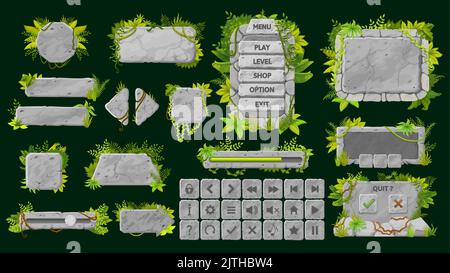 Cartoon stone texture of game buttons gui or ui design elements. Set ...