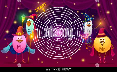 Help vitamins and minerals mage characters to find a potion bottle maze game. Kids labyrinth puzzle vector worksheet with cartoon personages of food supplements wizard and magician, wand, hat and cape Stock Vector