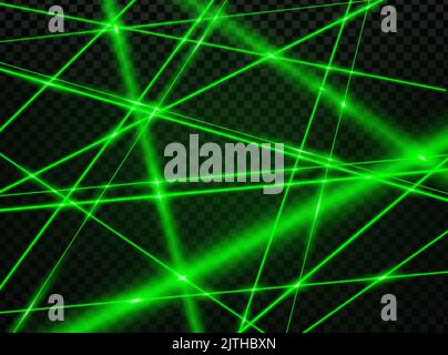 Crossed green laser beam lights. Abstract vector background with neon glowing rays. Night club illumination, bank security protection net, laser lines and flare flash on transparent backdrop Stock Vector