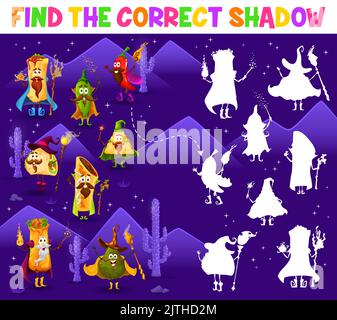 Find the correct shadow of cartoon tex mex mexican food wizard characters. Matching game vector worksheet with tacos, chimichanga, enchiladas and burrito, chili and jalapeno, nachos and avocado Stock Vector