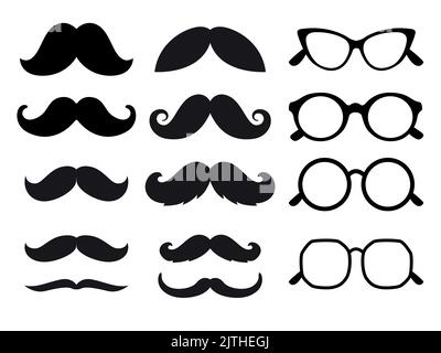 Set of Hipster Mustache icon and retro Glasses. Vintage Silhouette of a symbol for party, holiday on a white background.  Vector illustration of a men Stock Vector