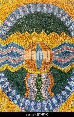 Mosaic wall, selective focus. Abstract colorful vertical pattern, colored ceramic stones. Detail of fountain decoration on embankment of Upper Pond in Stock Photo