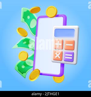 3D Smartphone with Money and Calculator. Stock Vector