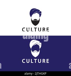 Turban Mustache India Indian logo design vector illustration. Logo of a man's face with a Beard and hat typical of the traditional Indian country. Stock Vector