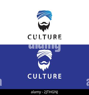 Turban Mustache India Indian logo design vector illustration. Logo of a man's face with a Beard and hat typical of the traditional Indian country. Stock Vector