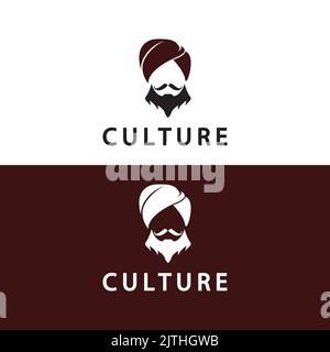 Turban Mustache India Indian logo design vector illustration. Logo of a man's face with a Beard and hat typical of the traditional Indian country. Stock Vector