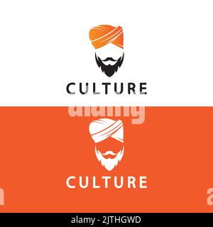 Turban Mustache India Indian logo design vector illustration. Logo of a man's face with a Beard and hat typical of the traditional Indian country. Stock Vector