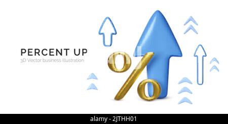 3D Render of Percent Symbol and Arrows Growth Up. Arrow and Interest Icon Banner. Vector illustration isolated on white background Stock Vector