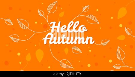 Hello autumn banner or social media post design. Background for social media autumn design vector. Horizontal post template. Vector illustration. falling leafs orange design. Stock Vector