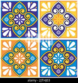 Mexican talavera floral pattern vector tiles seamless design with hearts, swrils in yellow and navy blue Stock Vector