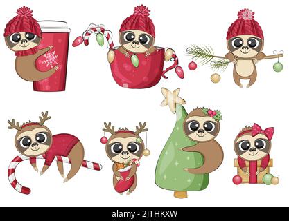 Cute christmas sloths collection. Winter holidays. Stock Vector