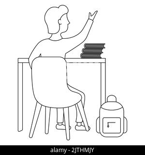 A schoolboy sits at a desk next to textbooks and a briefcase and raises his hand to answer a question. Stock Vector