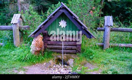 crystal clear mountain water spring, water intake for drinking. Coming from a small wooden house, Slovakia. Stock Photo