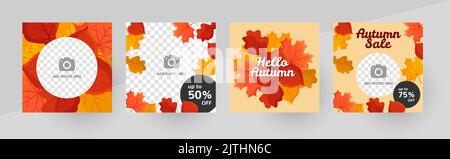 Social media hello autumn post template, editable social media template. Background for social media autumn sale post. Vertical stories template. Vector illustration. Leaves pattern design. Stock Vector