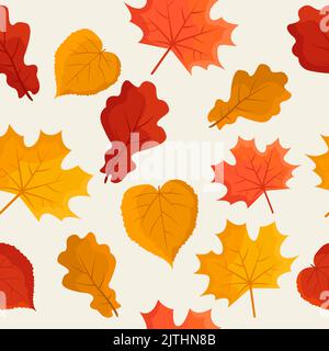 Autumn leaves seamless pattern. Beautiful orange and red falling leaves. Cute vector illustration in flat style. Stock Vector