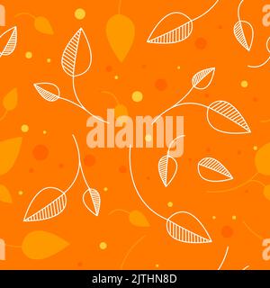 Autumn seamless pattern. Leafs on orange background. Vector illustration in flat linear style. Stock Vector