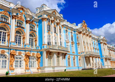 Catherine Palace is a Rococo palace located in the town of Tsarskoye Selo (Pushkin), 30 km south of Saint Petersburg, Russia. It was the summer reside Stock Photo