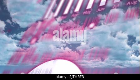 Image of red charts and data processing over cloudy blue sky Stock Photo