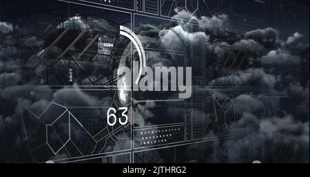 Image of globe with charts and data processing over dark cloudy sky Stock Photo